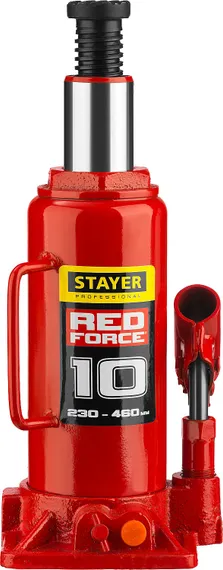 STAYER RED FORCE, 10 т, 230 - 460 мм, бутылочный гидравлический домкрат, Professional (43160-10)