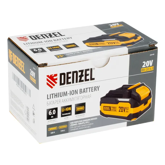 Батарея аккумуляторная BH-20-6.0, Li-Ion, USB, 20 В, 6,0 Ач// Denzel