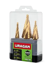 URAGAN 3 шт, 4-30мм, винтовая спираль, набор сверл ступенчатых(29658-4-30-H3)