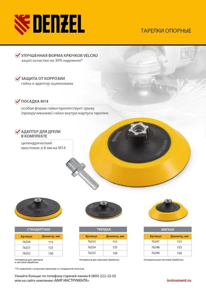Тарелка опорная для дрели и УШМ с липучкой, 115 мм, твердая, с адаптером c М14 на d8 Denzel