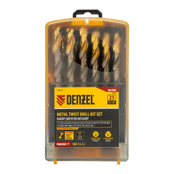 Набор сверл по металлу, 1-13 мм, Р6М5К8-TiN, Golden Tip, 25 шт Denzel
