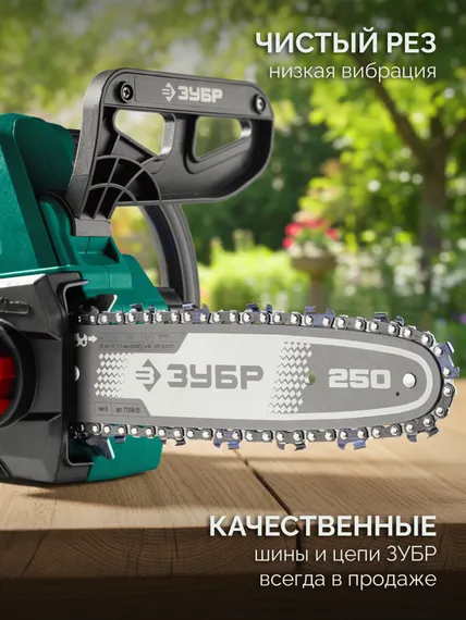 Пила цепная аккумуляторная ЗУБР 20 В, 250 мм шина, 1 АКБ LMS (2 Ач), (ПЦБ-2025-21)