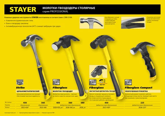 STAYER Compact, 225 г, столярный укороченный молоток-гвоздодёр, Professional (2026-225)