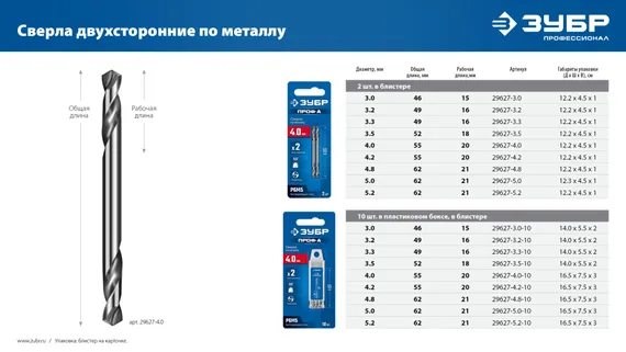 ЗУБР Проф-А 3.0х46мм, сверло двухстороннее по металлу, сталь Р6М5, класс А, 10шт, Профессионал (29627-3.0-10)