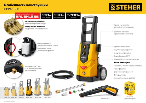 Мойка высокого давления STEHER 180 Атм 2200 Вт PRO (HPW-180B)