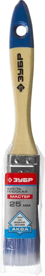 ЗУБР АКВА, 25 мм, 1″, светлая искусственная щетина, деревянная ручка, для воднодисперсионных и акриловых ЛКМ, плоская кисть (4-01007-025)
