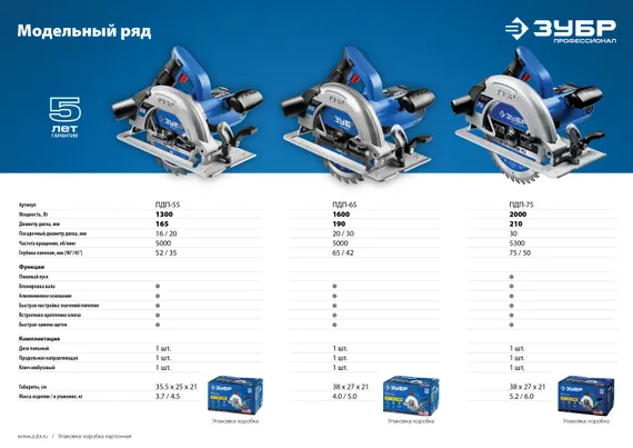 Пила циркулярная (дисковая) ЗУБР d 190 мм 1600 Вт Профессионал (ПДП-65)