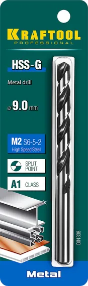 KRAFTOOL HSS-G, 9.0 х 125 мм, сталь P6M5, сверло по металлу (29651-9)