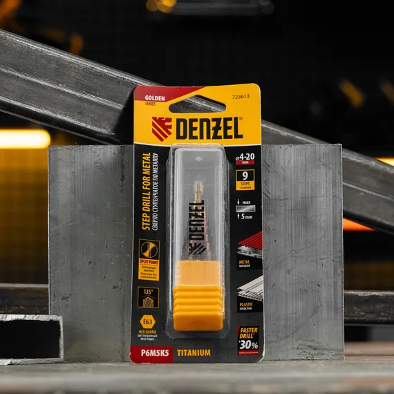 Сверло ступенчатое 4-6-8-10-12-14-16-18-20 мм, Р6М5К5, 6-гр. хвостовик Denzel