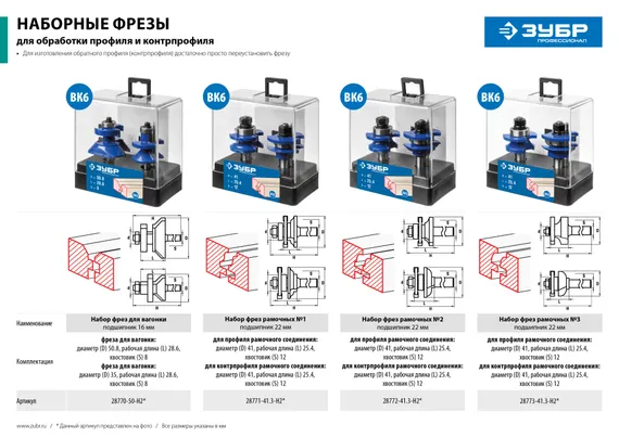 ЗУБР 41 x 23 мм, хвостовик 12 мм, набор фрез рамочных №3, Профессионал (28773-41.3-H2)