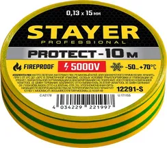 STAYER PROTECT-10, 15 мм х 10 м, 5 000 В, желто-зеленая, не поддерживает горение, изолента ПВХ, Professional (12291-S)