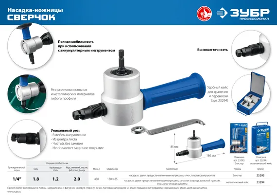 ЗУБР Сверчок, насадка-ножницы для реза листового металла, Профессионал (23293)