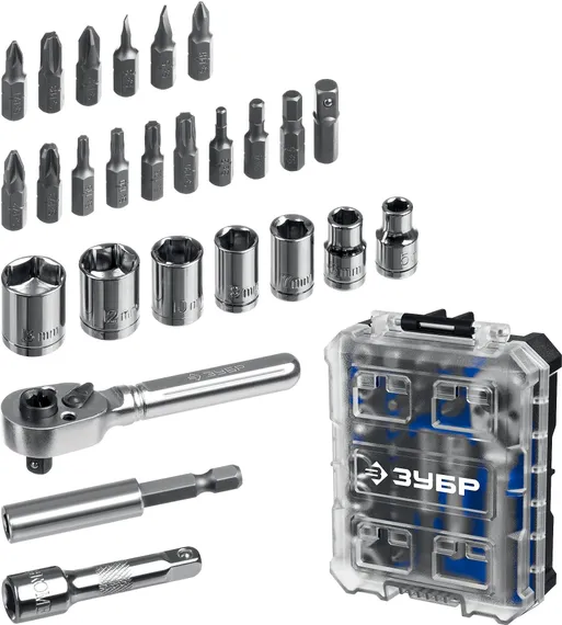 Набор: трещотка с насадками ЗУБР Компакт 26 предм., система стыковки Z-БОКС Профессионал (25172)