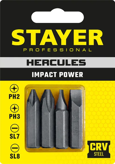 STAYER Hercules, 36 мм, 4 шт, биты для ударной отвертки, Professional (25667-S4)