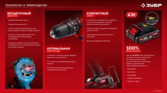 Бесщеточная дрель-шуруповерт, ЗУБР 20 В, 45 Н·м, 2 АКБ LMS (2 А·ч), сумка (ДБ-45-22)