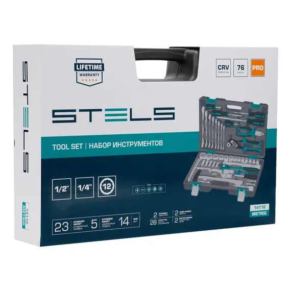 Набор инструментов, 1/2", 1/4", CrV, 12 гранные головки, пластиковый кейс, 76 предметов Stels