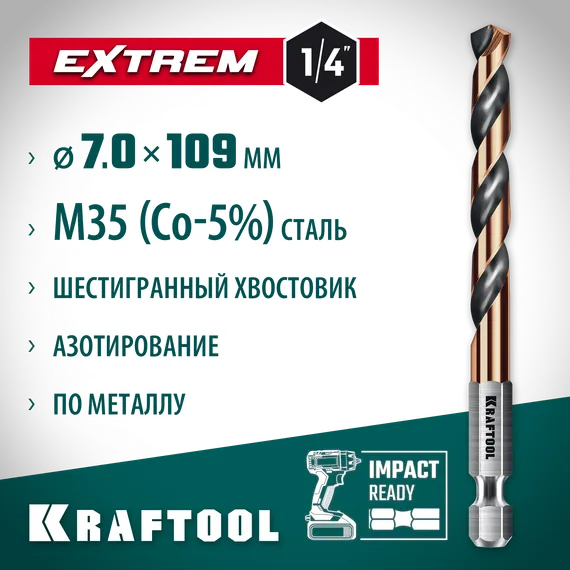 KRAFTOOL НЕХ-1/4″, d 7.0 х 109 мм, сверло по металлу для винтовёртов и шуруповертов IMPACT READY (29652-7)
