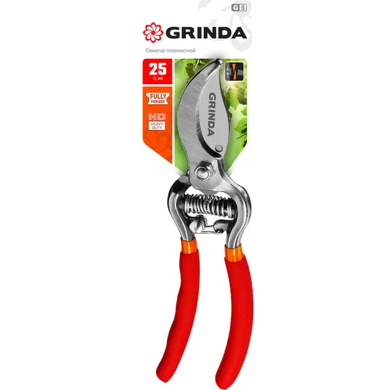 GRINDA G-5, 210 мм, высокоуглеродистая сталь, цельнокованый, эргономичные рукоятки, покрытие ПВХ, плоскостной секатор (423105)