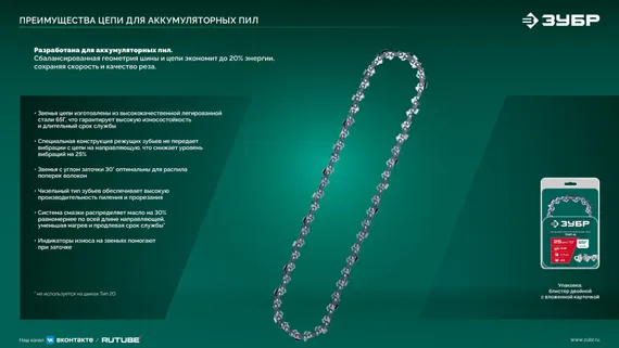 ЗУБР тип 6, 20 см, шаг 3/8″, паз 1.1 мм, 33 звеньев, цепь (71306-20)