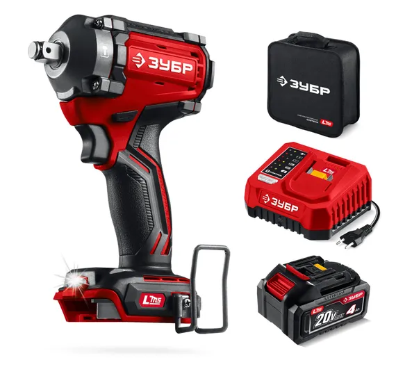 Бесщеточный ударный гайковерт, ЗУБР 20 В, 500 Н·м, 1 АКБ LMS (4 А·ч), сумка (ГБУ-500-41)