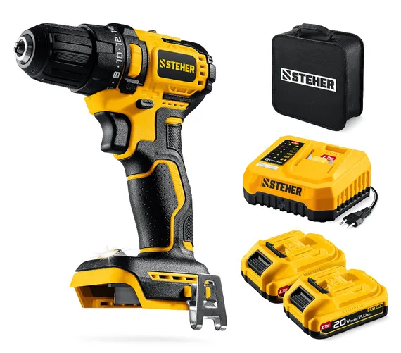 Бесщеточная дрель-шуруповерт, STEHER 20 В, 45 Н·м, 2 АКБ LMS (2 А·ч), сумка (CB-45-22)