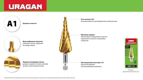 URAGAN 6-38мм, 12 ступеней, винтовая спираль, сверло ступенчатое (29658-6-38-12)