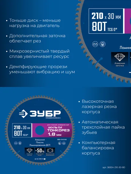ЗУБР Мульти Тонкорез 210х30 x 1.8 мм, 80Т, диск пильный универсальный, тонкий рез, Профессионал (36934-210-30-80)