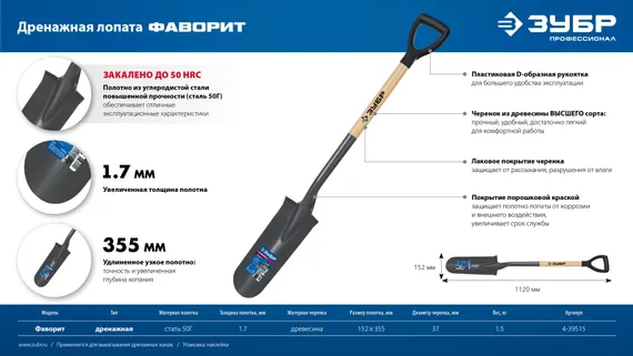 ЗУБР Фаворит, 353х152х1120мм, полотно 1.7мм, закалено, дерев. лакир. черенок высш. сорт с рукояткой, дренажная лопата, ПРОФЕССИОНАЛ (4-39515)