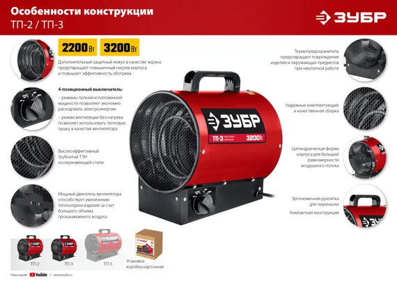 ЗУБР 3 кВт, электрическая тепловая пушка (ТП-3)