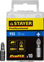 Биты STAYER ″PROFESSIONAL″ ProFix Pozidriv, тип хвостовика C 1/4″, № 3, L=25мм, 10шт