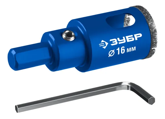 ЗУБР АГК d 16 мм (центр. сверло, трехгр. хвост, Р60), Алмазная коронка, Профессионал (29850-16)