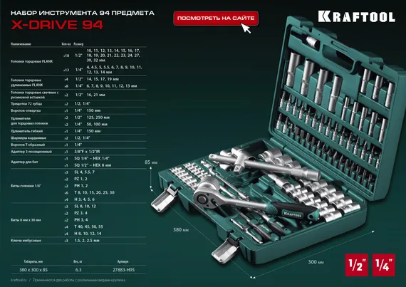 KRAFTOOL X-Drive 94, 94 предм., (1/2″+1/4″), универсальный набор инструмента (27883-H95)