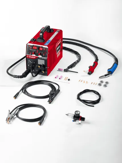 ЗУБР MIG &amp; CUT 5-в-1, MIG / MAG, PLASMA CUT, FCAW, MMA, TIG, 220 А, полуавтомат сварочный, с газом / без газа, горелка ПСГ-220 (ПСГ-М9-220-Р)