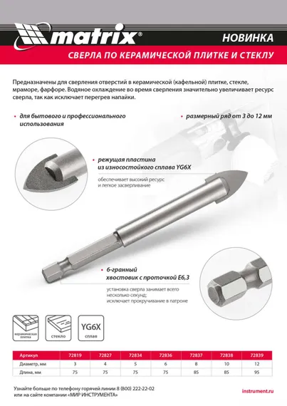 Сверло по керамической плитке и стеклу, 3 мм, шестигранный хвостовик Matrix