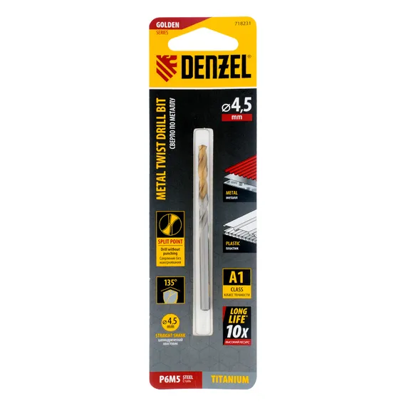 Сверло спиральное по металлу 4,5 x 80 мм, Р6М5, Golden Tip  Denzel