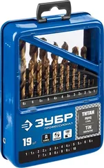 ЗУБР ТИТАН, 19 шт, (1-10 мм), сталь Р6М5, класс А, титановое покрытие, набор сверл по металлу, Профессионал (29617-H19)