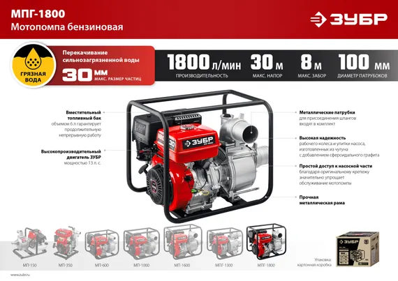 ЗУБР 1800 л/мин, мотопомпа бензиновая для грязной воды (МПГ-1800)
