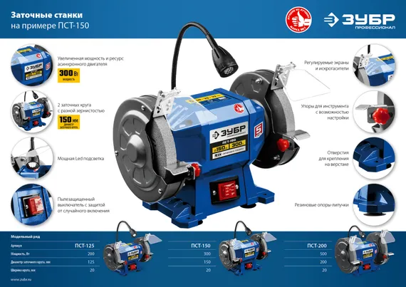 ЗУБР d 200, 500 Вт, заточной станок, Профессионал (ПСТ-200)