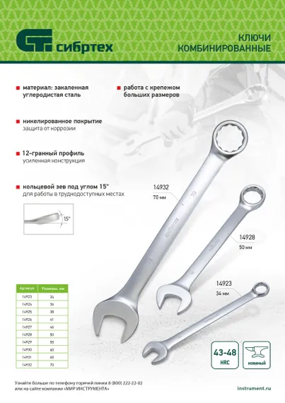 Ключ комбинированный 34мм, никелированный Сибртех