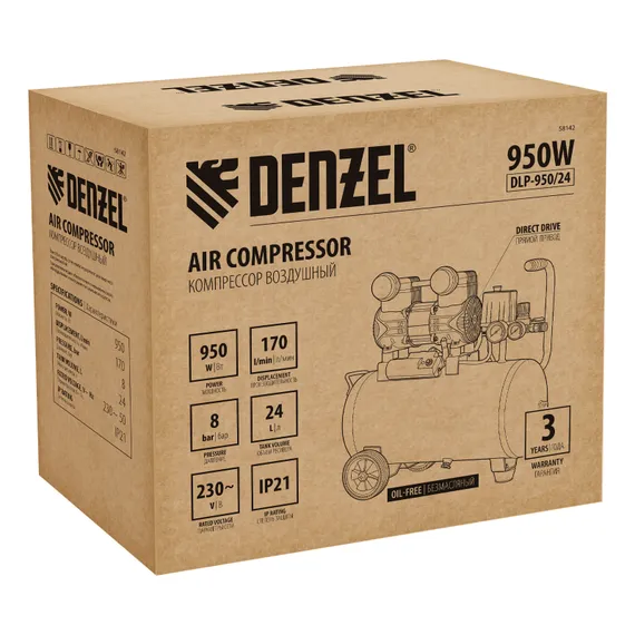 Компрессор безмасл. малошумный DLP-950/24, 950Вт,24 л, 2850 об/мин, 170 л/мин Denzel