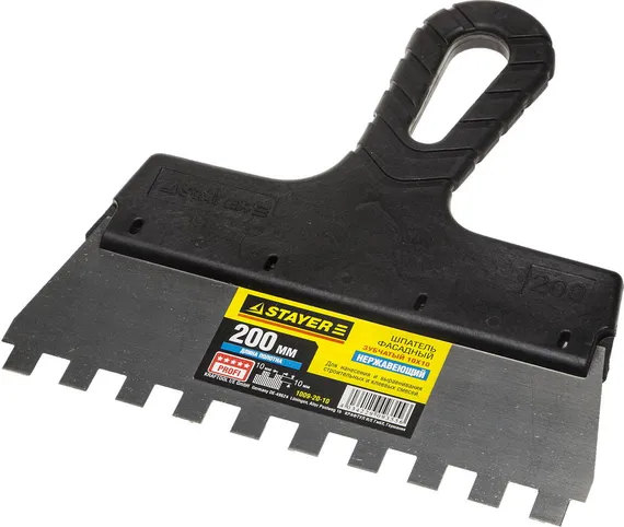 STAYER PROFlat, 200 мм, зуб 10 х 10 мм, пластиковая ручка, зубчатый, нержавеющий фасадный шпатель, Professional (1009-20-10)